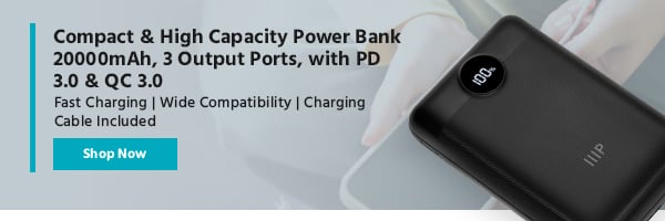 Compact & High Capacity Power Bank 20000mAh, 3 Output Ports, with PD 3.0 & QC 3.0 Fast Charging | Wide Compatibility | Charging Cable Included Shop Now