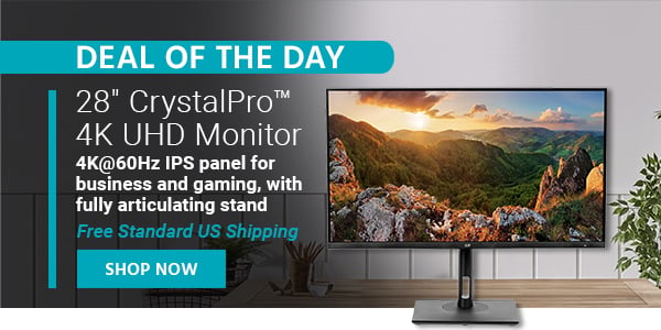 Deal of the Day 28" CrystalPro™ 4K UHD Monitor 4K@60Hz IPS panel for business and gaming, with fully articulating stand Free Standard US Shipping Only $279.99 with Code: SUMMER10 Shop Now