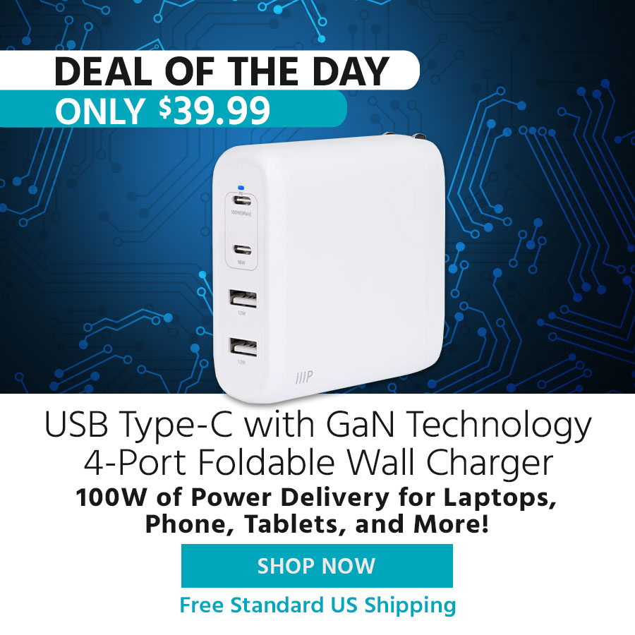 Deal of the Day USB Type-C with GaN Technology 4-Port Foldable Wall Charger 100W of Power Delivery for Laptops, Phone, Tablets, and More! Free Standard US Shipping Only $39.99 Shop Now