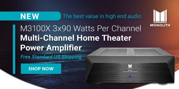 Monolith (logo) M3100X 3x90 Watts Per Channel Multi-Channel Home Theater Power Amplifier The best value in high end audio Free Standard US Shipping Shop Now