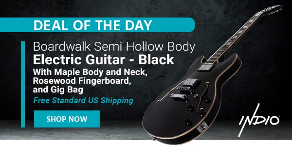 Deal of the Day Indio (logo) Boardwalk Semi Hollow Body Electric Guitar - Black With Maple Body and Neck, Rosewood Fingerboard, and Gig Bag Free Standard US Shipping Only $186.99 Shop Now