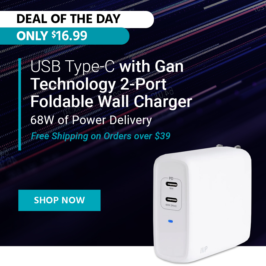 USB Type-C with Gan Technology 2-Port Foldable Wall Charger 68W of Power Delivery Free Shipping on Orders over $39