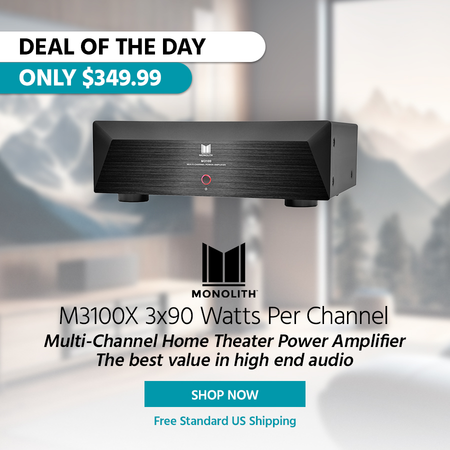 Deal of the Day Monolith (logo) M3100X 3x90 Watts Per Channel Multi-Channel Home Theater Power Amplifier The best value in high end audio Free Standard US Shipping