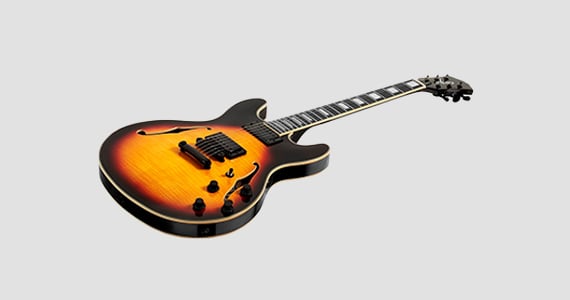 Indio by Monoprice Boardwalk Flamed Maple Semi Hollow Body Electric Guitar with Gig Bag, Sunburst
