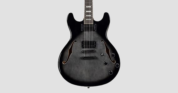Indio by Monoprice Boardwalk Flamed Maple Semi Hollow Body Electric Guitar with Gig Bag, Charcoal