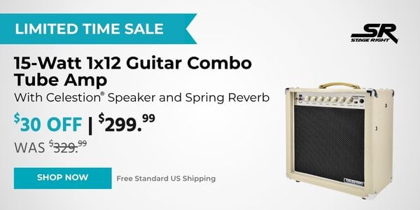 Limited Time Sale! Stage Right 15-Watt 1x12 Guitar Combo Tube Amp With Celestion® Speaker And Spring Reverb. $299.99 Was $329.99. $30 Off. Free Standard US Shipping. Shop Now.