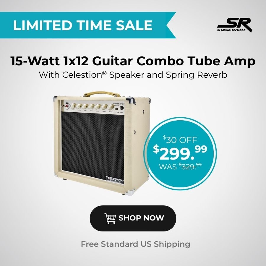 LIMITED TIME SALE Stage Right (Logo) 15-Watt 1x12 Guitar Combo Tube Amp With Celestion® Speaker and Spring Reverb Free Standard US Shipping $299.99 WAS $329.99 $30 OFF Shop Now