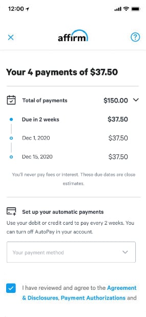 Affirm financing outlining bi-weekly payment schedule