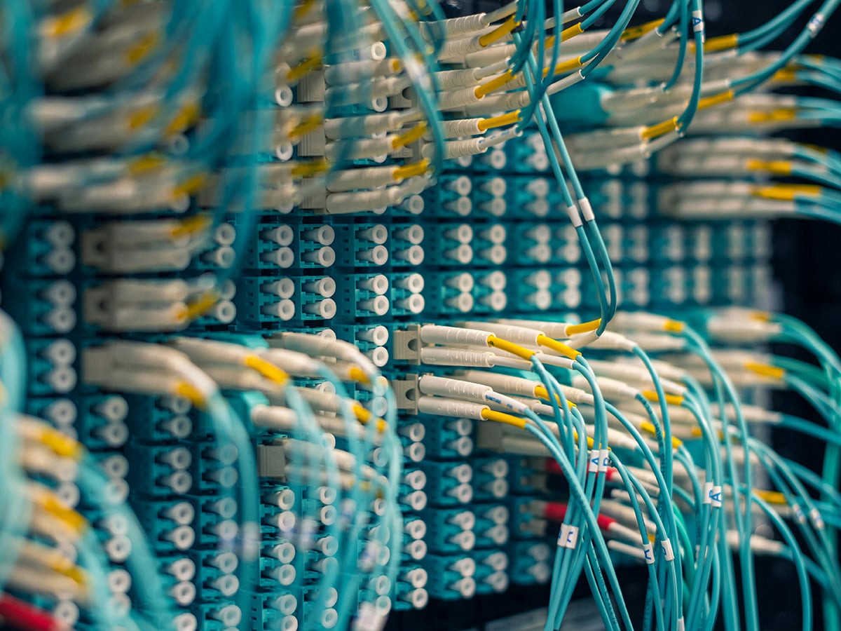 A densely packed network rack with aqua-colored fiber optic cables connected to multiple white connectors arranged in rows, typical of a data center or server room setup for high-speed data transfer.