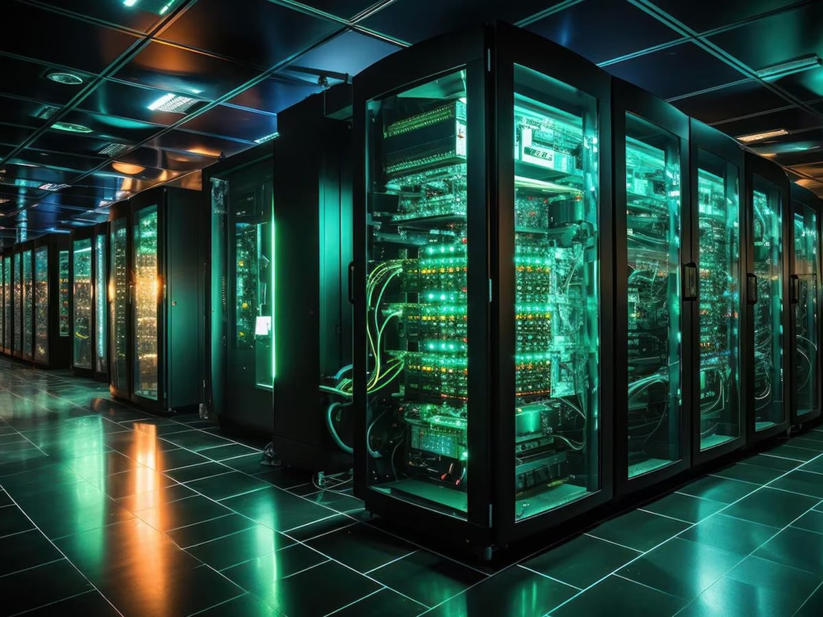 A modern data center with multiple rows of server racks illuminated by green and blue lights. The server racks contain networking equipment, cables, and hardware components, all housed in a clean, organized environment with a tiled floor and overhead lighting
