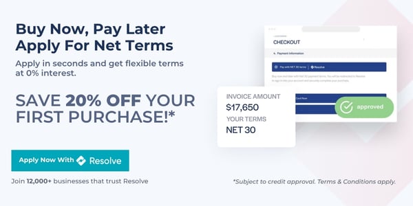 Buy Now, Pay Later. Apply in seconds and get flexible terms at 0% interest. Save 20% OFF Your First Purchase!* *Subject to credit approval. Terms and Conditions Apply. Apply now with Resolve.