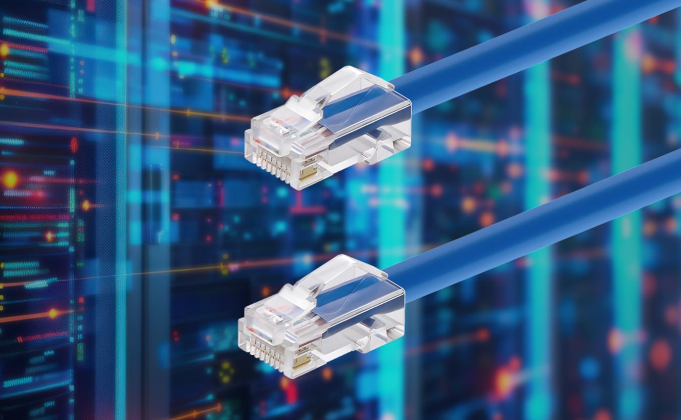 Close-up of two blue Ethernet cables with clear RJ45 connectors, set against a digital data center background with illuminated server racks and colorful lights.