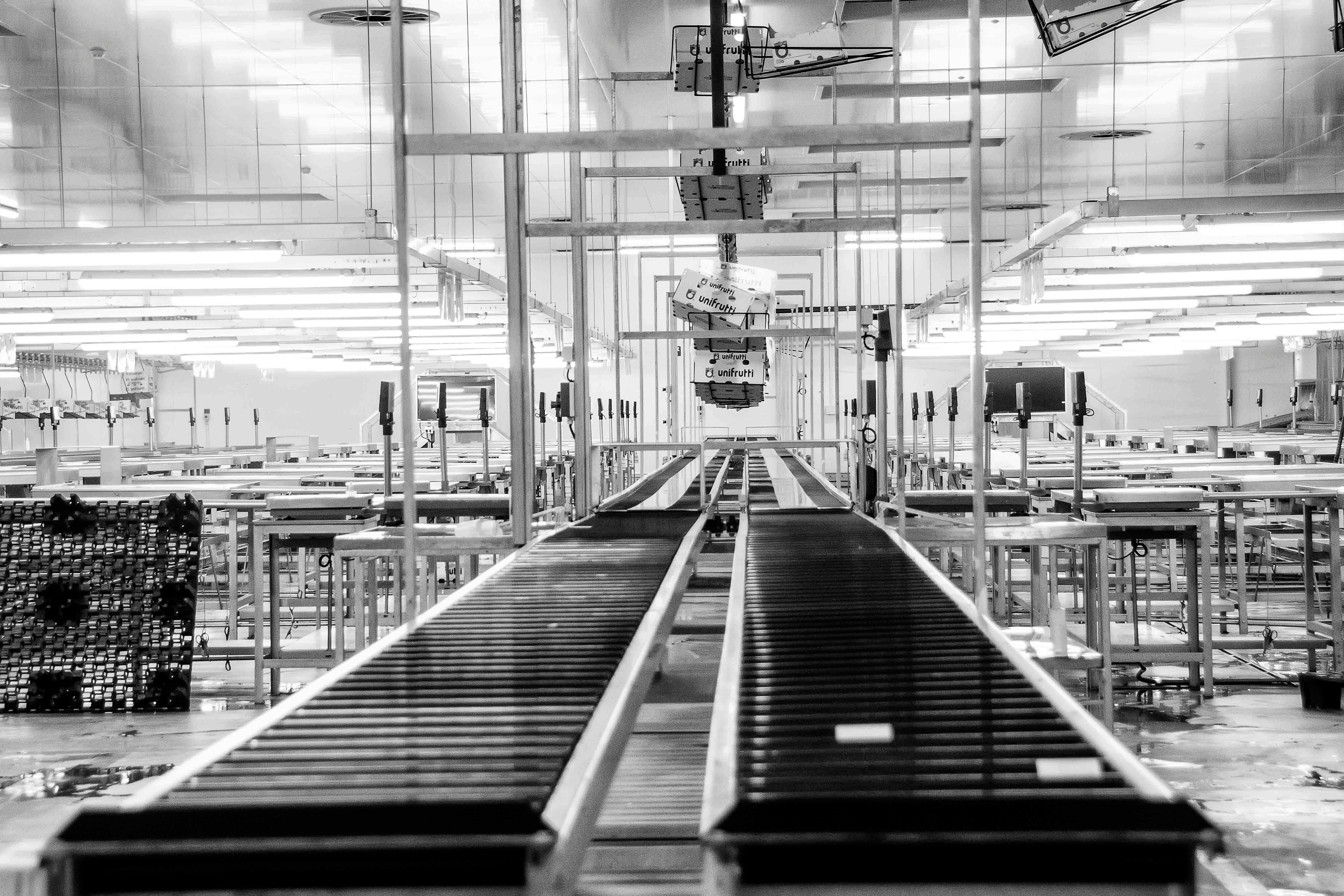 Black and white image of an empty industrial conveyor belt system in a spacious, well-lit warehouse, with parallel conveyor rows extending into the distance and overhead machinery visible above.