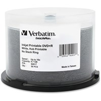 Verbatim DVD+R 4.7GB 16X DataLifePlus White Inkjet Printable, Hub Printable - 50pk Spindle - TAA Compliant - Inkjet Printable