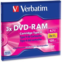 Verbatim DVD-RAM 4.7GB 3X Single Sided, Type 4 with Branded Surface - 1pk with Cartridge - TAA Compliant