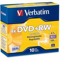 Verbatim DVD+RW 4.7GB 4X with Branded Surface - 10pk Jewel Case - TAA Compliant - 2 Hour Maximum Recording Time