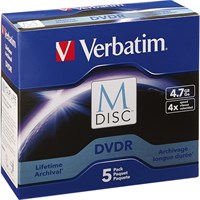 Verbatim M-Disc DVDR 4.7GB 4X with Branded Surface - 5pk Jewel Case Box - TAA Compliant - 120mm - 2 Hour Maximum Recording Time