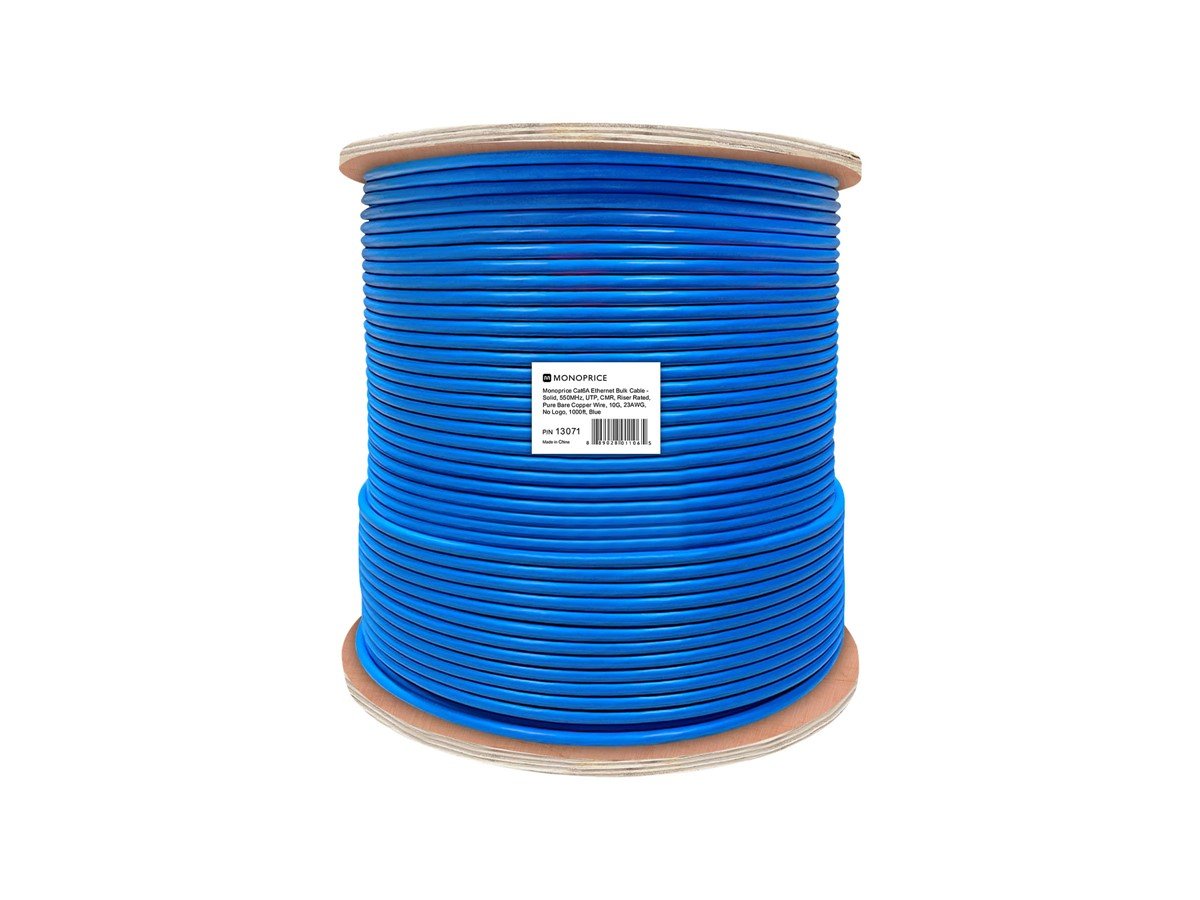 Monoprice Cat6A 1000ft Blue CMR Bulk Cable, Solid, UTP, 23AWG