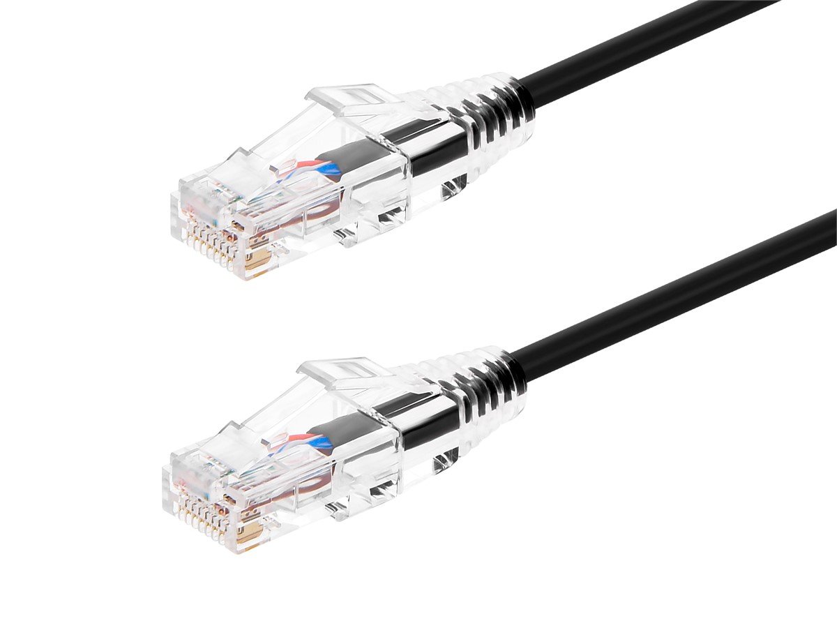 Monoprice SlimRun Cat6 Ethernet Patch Cable, Snagless RJ45, Stranded, 550MHz, UTP, Pure Bare Copper Wire, 28AWG, 1ft, Black - main image