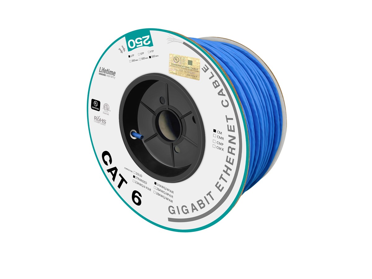 Monoprice Cat6 250ft Blue CM UL Bulk Cable, Stranded (w/spine), UTP, 24AWG,  550MHz, Pure Bare Copper, Pull Box, Bulk Ethernet Cable 