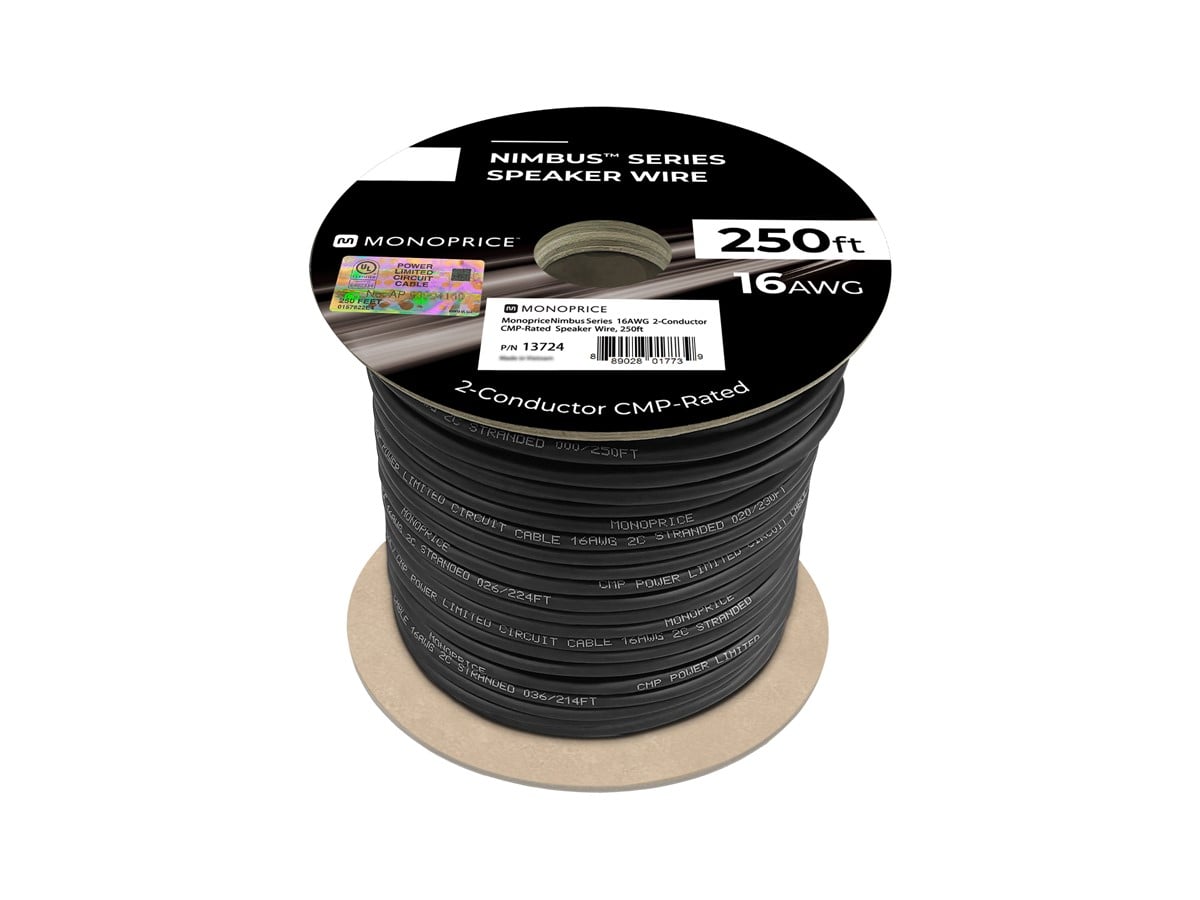 Monoprice Speaker Wire, CMP Rated, 2-Conductor, 16AWG, 250ft, Black ...