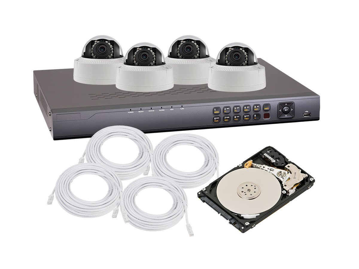 Monoprice 4-Channel PoE NVR Kit with 4x 2MP PoE Infrared Cameras, 4x 50 ft. Cat5e Ethernet Cables, and a 500GB Hard Drive - main image