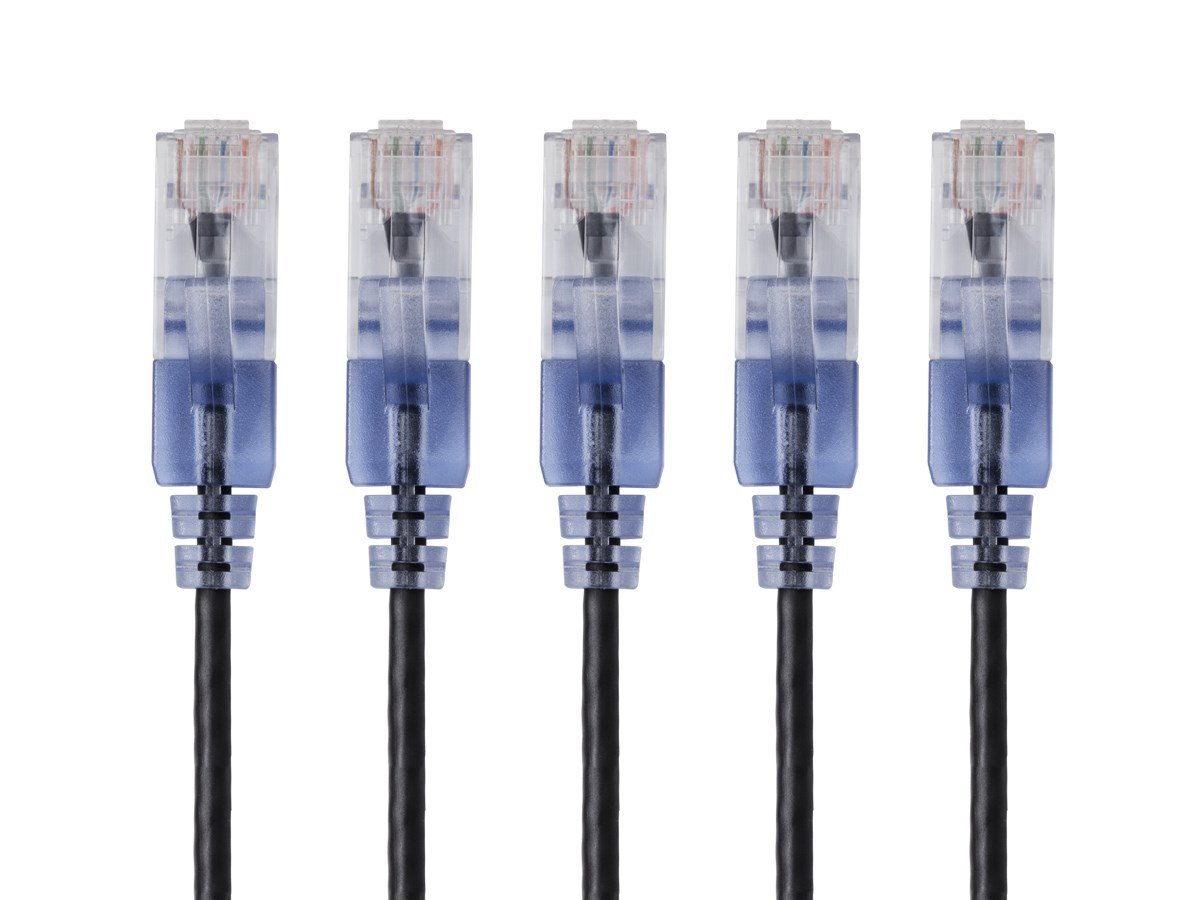 Monoprice SlimRun Cat6A Ethernet Patch Cable - Snagless RJ45, UTP, Pure Bare Copper Wire, 10G, 30AWG, 1ft, Black, 5-Pack - main image