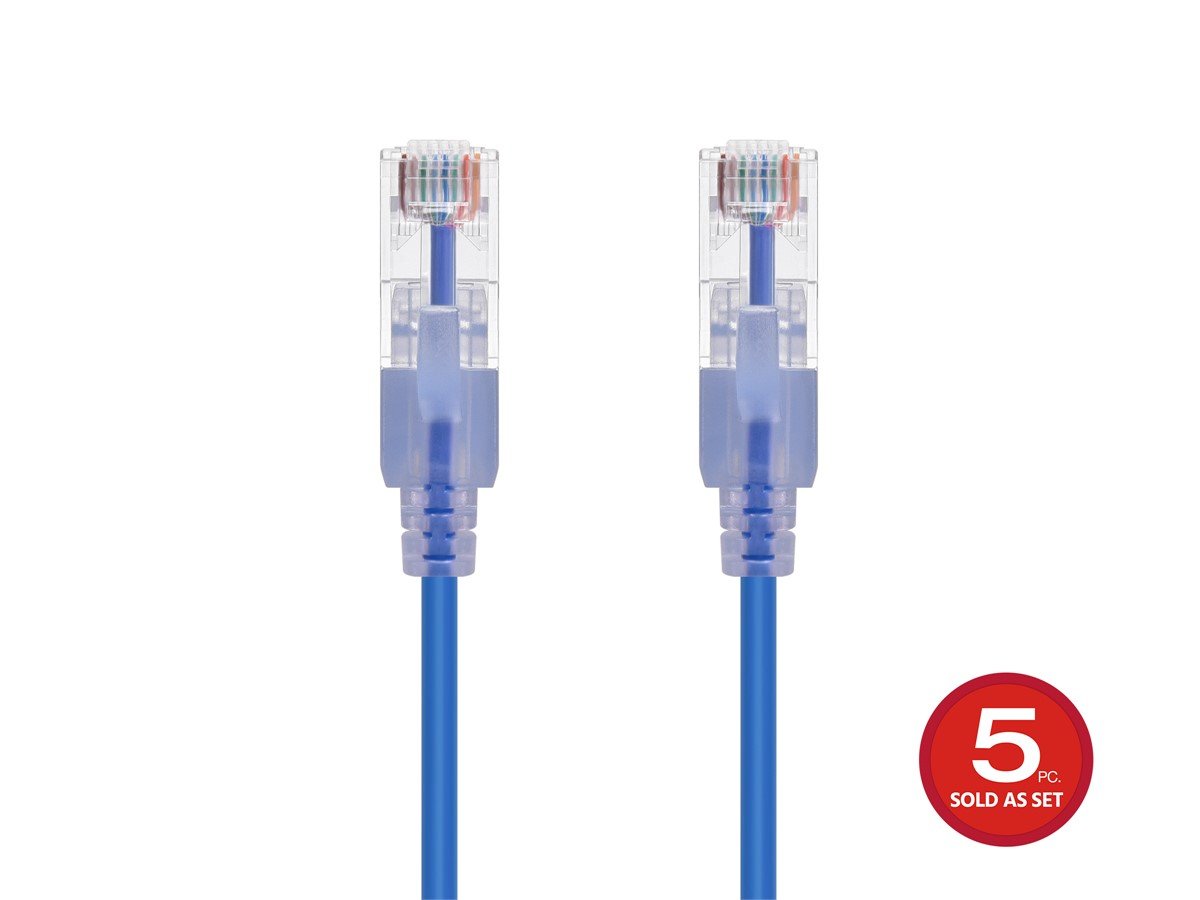Monoprice Cat6A 1ft Blue 5-Pk Patch Cable,  UTP, 30AWG, 10G, Pure Bare Copper, Snagless RJ45, SlimRun Series Ethernet Cable