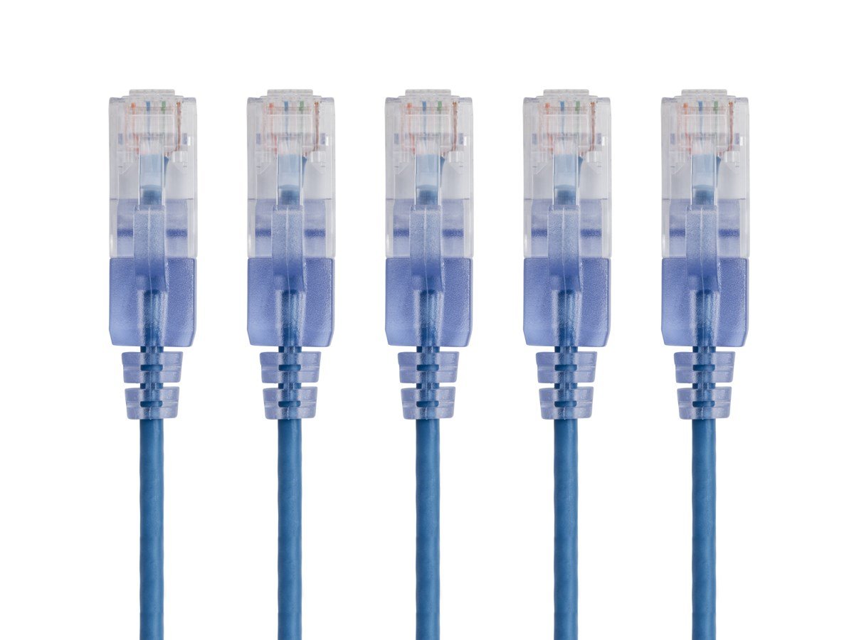 Monoprice Cat6A 3ft Blue 5-Pk Patch Cable, UTP, 30AWG, 10G, Pure Bare Copper, Snagless RJ45, SlimRun Series Ethernet Cable