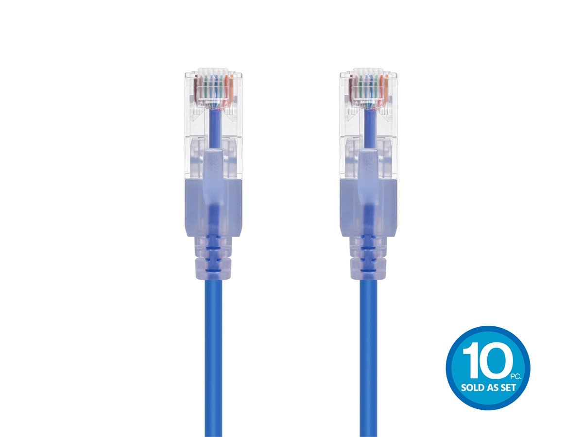 Monoprice SlimRun Cat6A Ethernet Patch Cable - Snagless RJ45, UTP, Pure Bare Copper Wire, 10G, 30AWG, 1ft, Blue, 10-Pack - main image