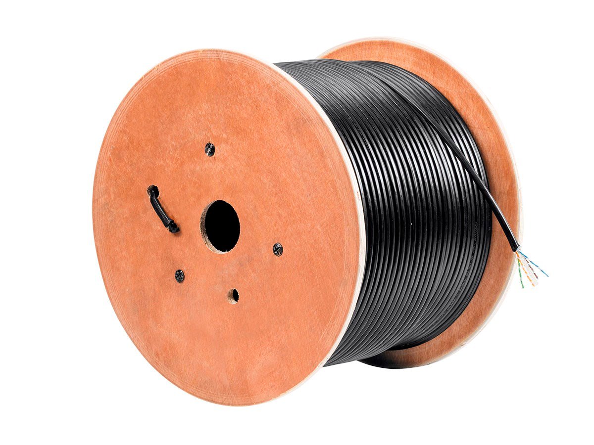 Monoprice Cat6 1000ft Black Outdoor Bulk Cable, Gel-filled Direct Burial, Solid (w/spine), UTP, 23AWG, 550MHz, Pure Bare Copper, Spool, No Logo, Bulk Ethernet Cable - main image