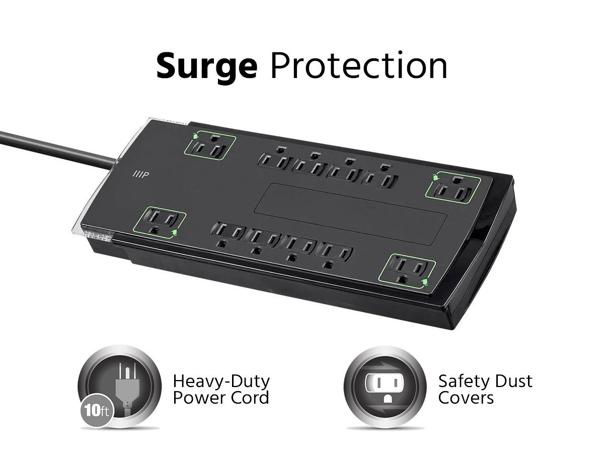 Monoprice 8 Outlet Mini Surge Protector 6ft Cord, 3420 Joules, Clamping  Voltage 330V 