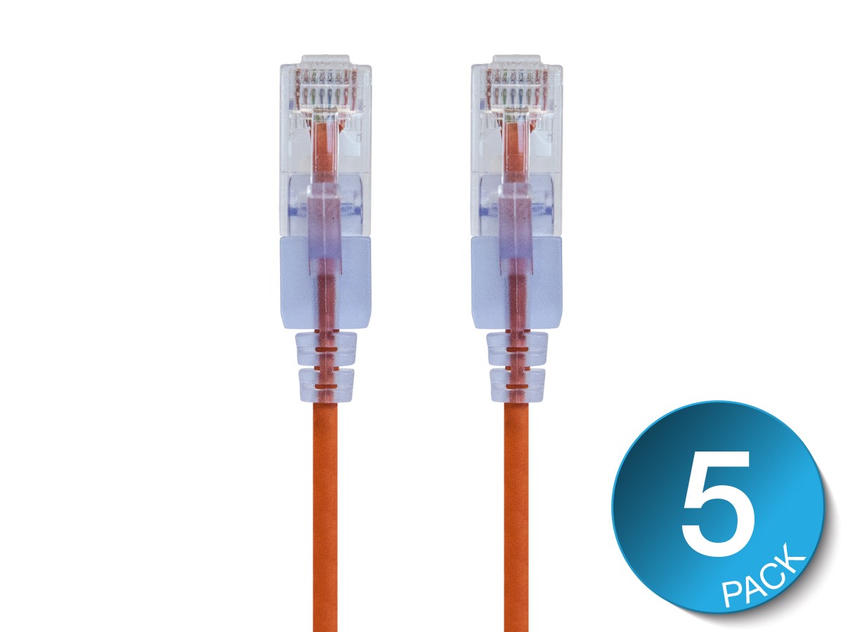 Monoprice SlimRun Cat6A Ethernet Patch Cable - Snagless RJ45, UTP, Pure Bare Copper Wire, 10G, 30AWG, 7ft, Orange, 5-Pack - main image