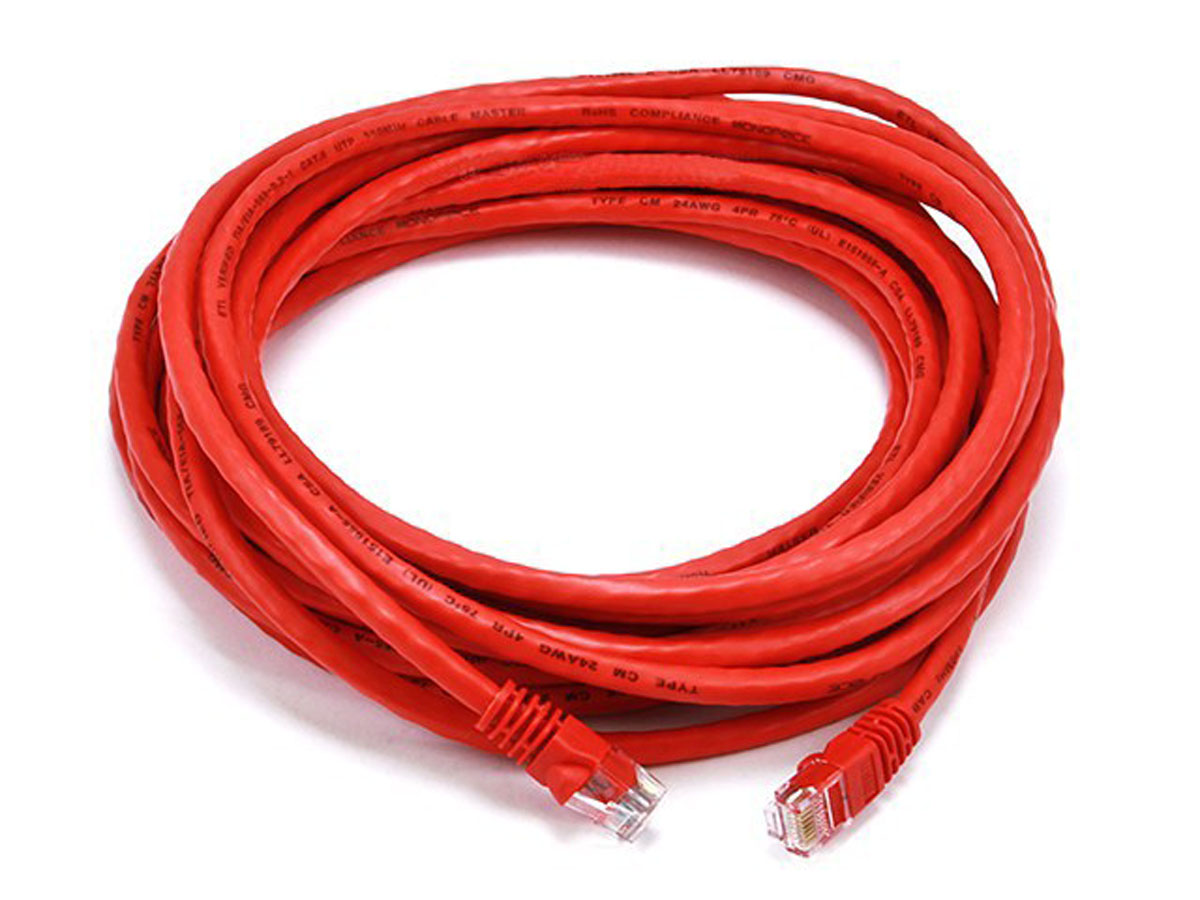 Monoprice Cat5e Ethernet Patch Cable - Snagless RJ45, Stranded, 350MHz, UTP, Pure Bare Copper Wire, 24AWG, 25ft, Red - main image