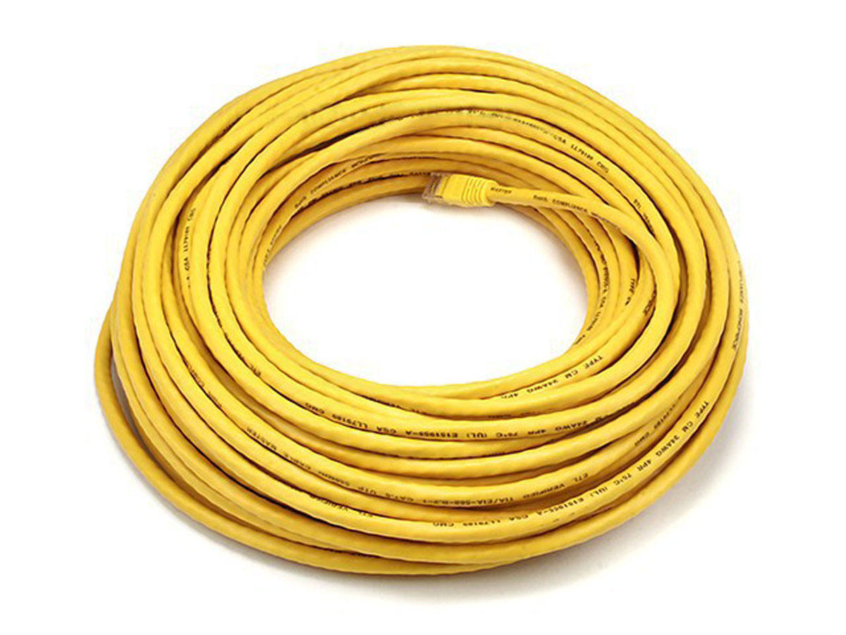 Monoprice Cat6 Ethernet Patch Cable - Snagless RJ45, Stranded, 550MHz, UTP, Pure Bare Copper Wire, 24AWG, 100ft, Yellow - main image