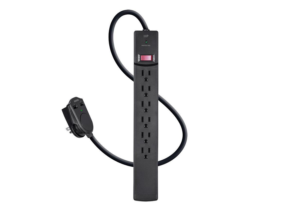 Monoprice 6 Outlet Surge Protector Power Strip 6ft Cord, 2 Port USB Charger on the Plug, 1080 Joules - main image