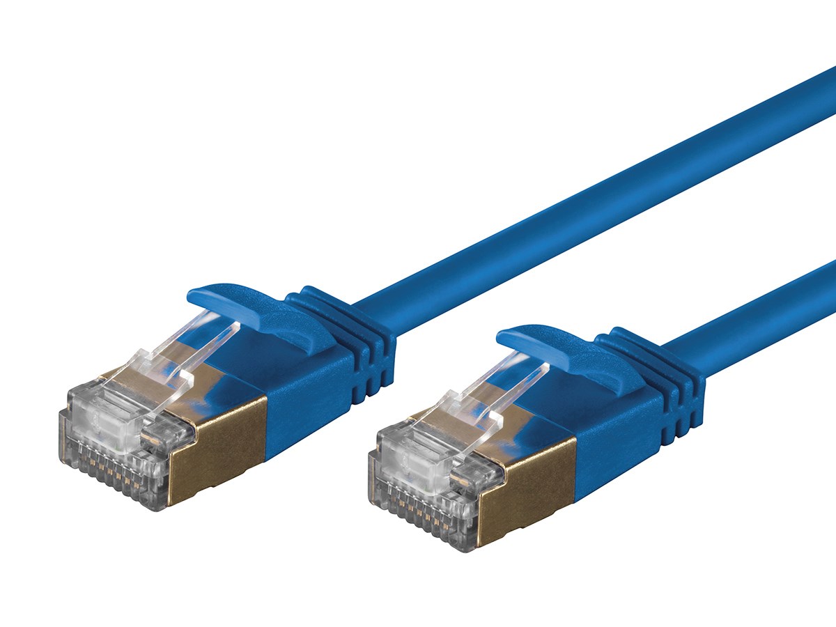 Monoprice Cat6A 1ft Blue Patch Cable, Double Shielded (S/FTP), 36AWG, 10G, Pure Bare Copper, Snagless RJ45, SlimRun Series Ethernet Cable - main image