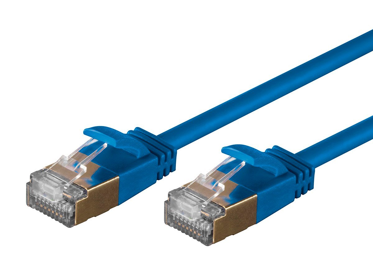 Monoprice Cat6A 2ft Blue Patch Cable, Double Shielded (S/FTP), 36AWG, 10G, Pure Bare Copper, Snagless RJ45, SlimRun Series Ethernet Cable