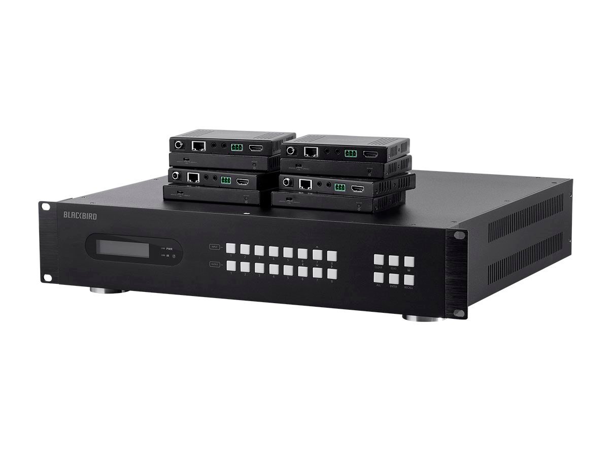 Monoprice Blackbird 4K 18Gbps HDBaseT 8x8 HDMI Matrix Extender Switch over Cat6 with 8 Receivers and 8 IR Kits, 70m, HDR, HDCP 2.2, PoC, GUI, and De-Embedded Audio - main image