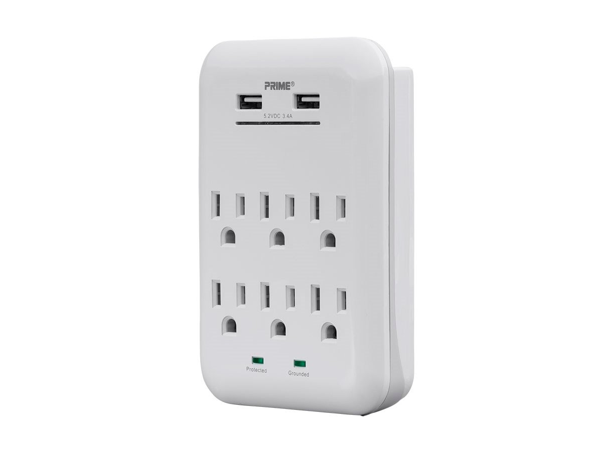 6 Outlet Surge Protector Wall Tap with 2 USB Ports 3.4A, 1200 Joules, White - main image
