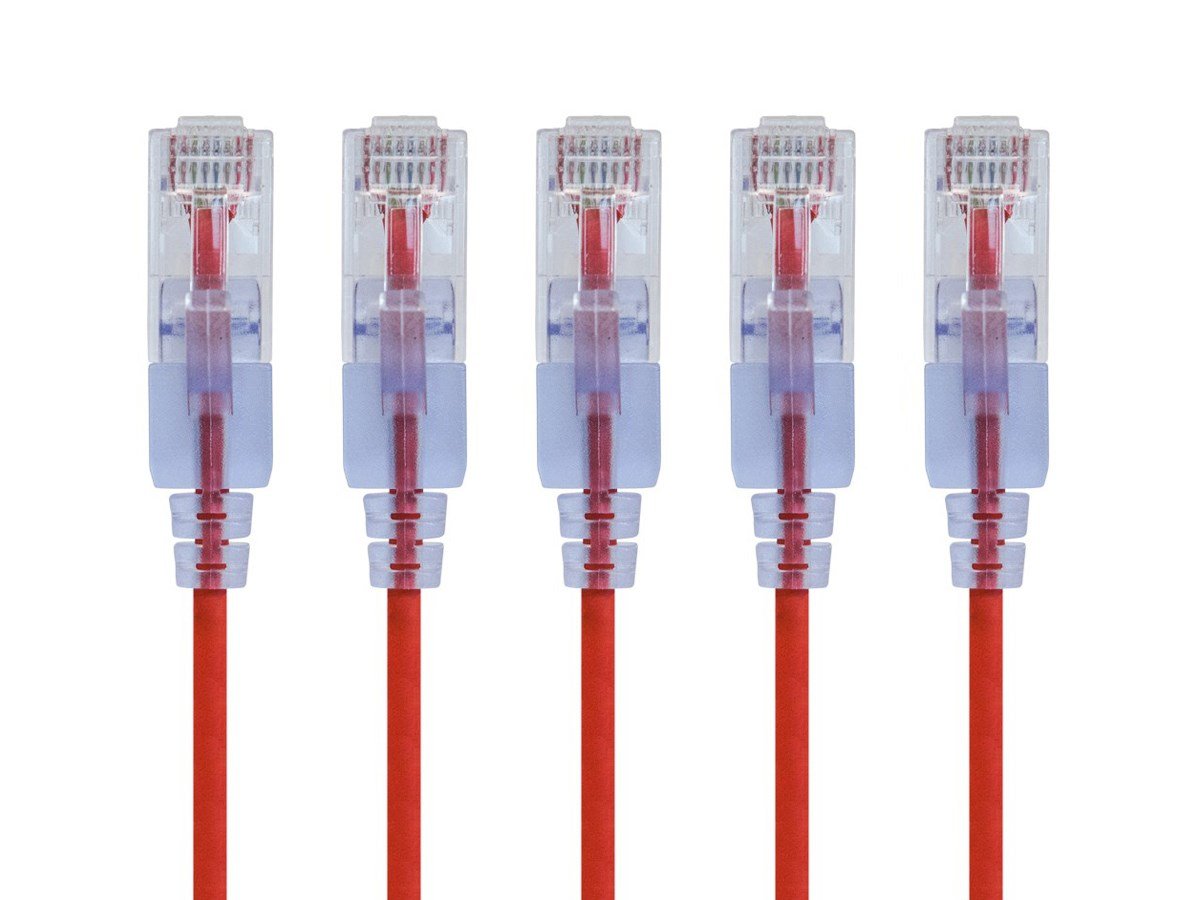 Monoprice Cat6A 2ft Red 5-Pk Patch Cable, UTP, 30AWG, 10G, Pure Bare Copper, Snagless RJ45, SlimRun Series Ethernet Cable