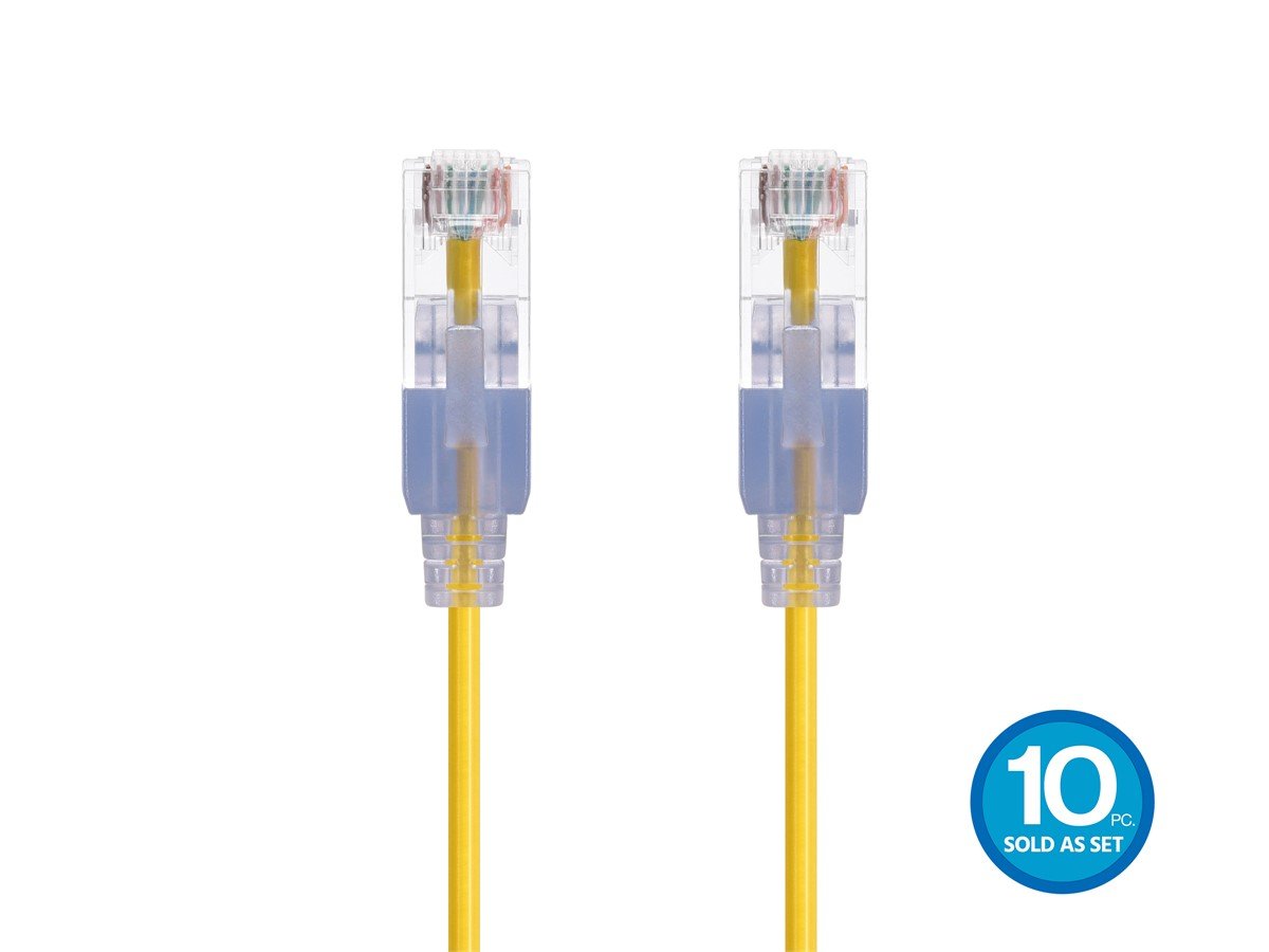 Monoprice Cat6A 2ft Yellow 10-Pk Patch Cable, UTP, 30AWG, 10G, Pure Bare Copper, Snagless RJ45, SlimRun Series Ethernet Cable