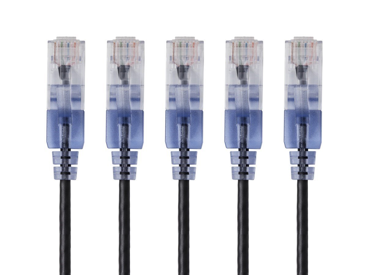 Monoprice SlimRun Cat6A Ethernet Patch Cable - Snagless RJ45, UTP, Pure Bare Copper Wire, 10G, 30AWG, 6in, Black, 5-Pack - main image