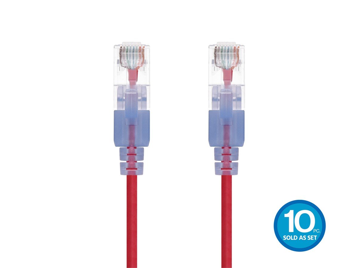 Monoprice Cat6A 6in Red 10-Pk Patch Cable, UTP, 30AWG, 10G, Pure Bare Copper, Snagless RJ45, SlimRun Series Ethernet Cable