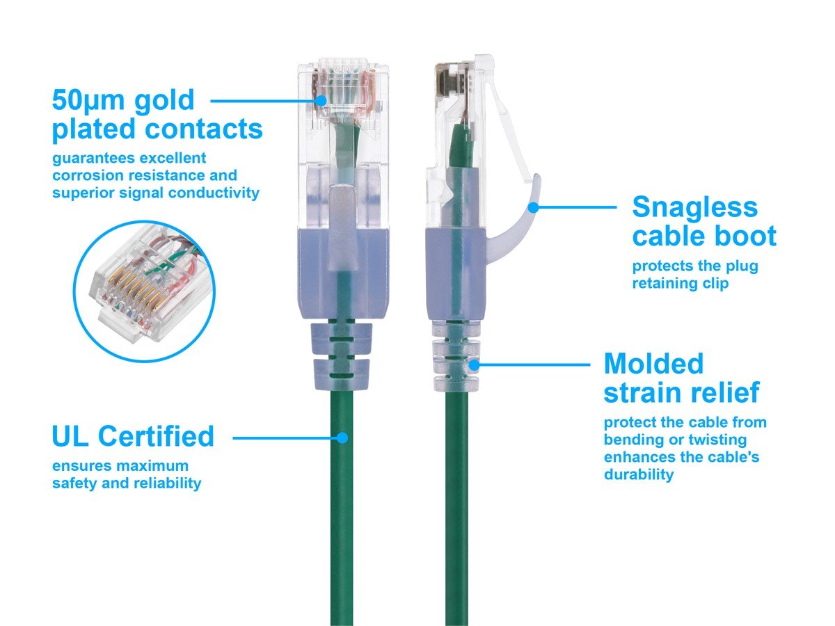 Monoprice Cat6A 6in Green 10Pk Patch Cable, UTP, 30AWG, 10G, Pure Bare