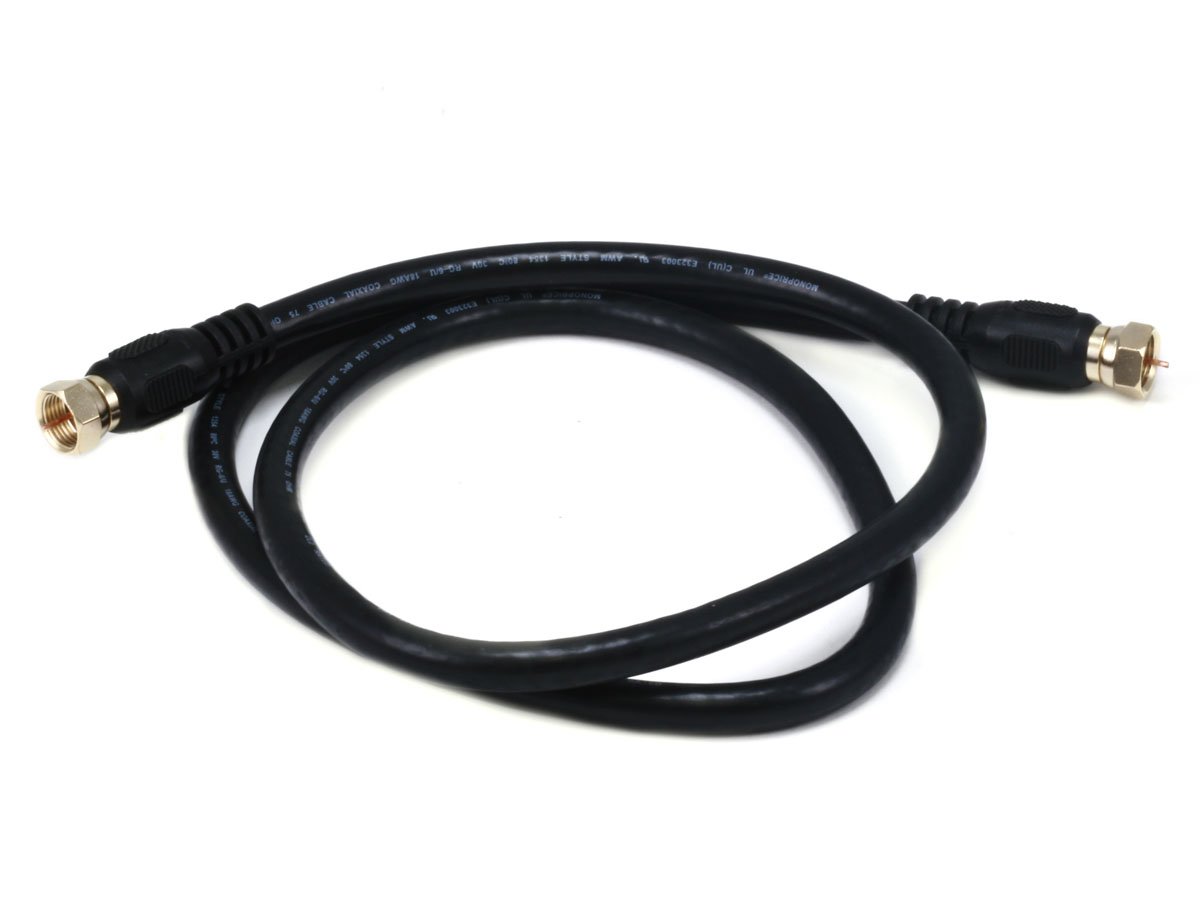Monoprice 3ft RG6 (18AWG) 75Ohm, Quad Shield, CL2 Coaxial Cable with F Type Connector - Black - main image