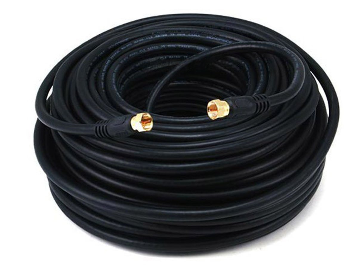 Monoprice 100ft RG6 (18AWG) 75Ohm, Quad Shield, CL2 Coaxial Cable with F Type Connector - Black - main image