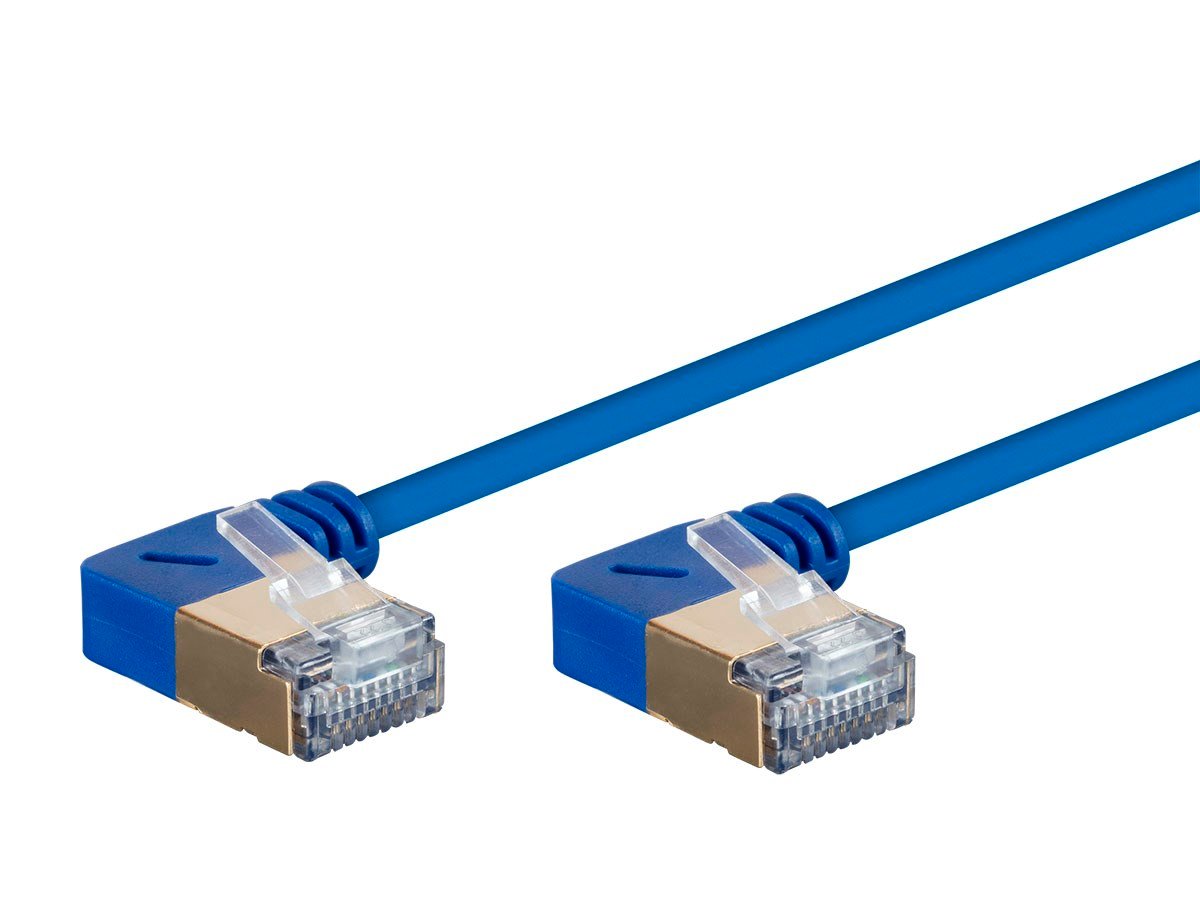 Monoprice Cat6A 6in Blue 90 Degree Patch Cable, Double Shielded (S/FTP), 36AWG, 10G, CM Pure Bare Copper, Snagless RJ45, SlimRun Series Ethernet Cable - main image