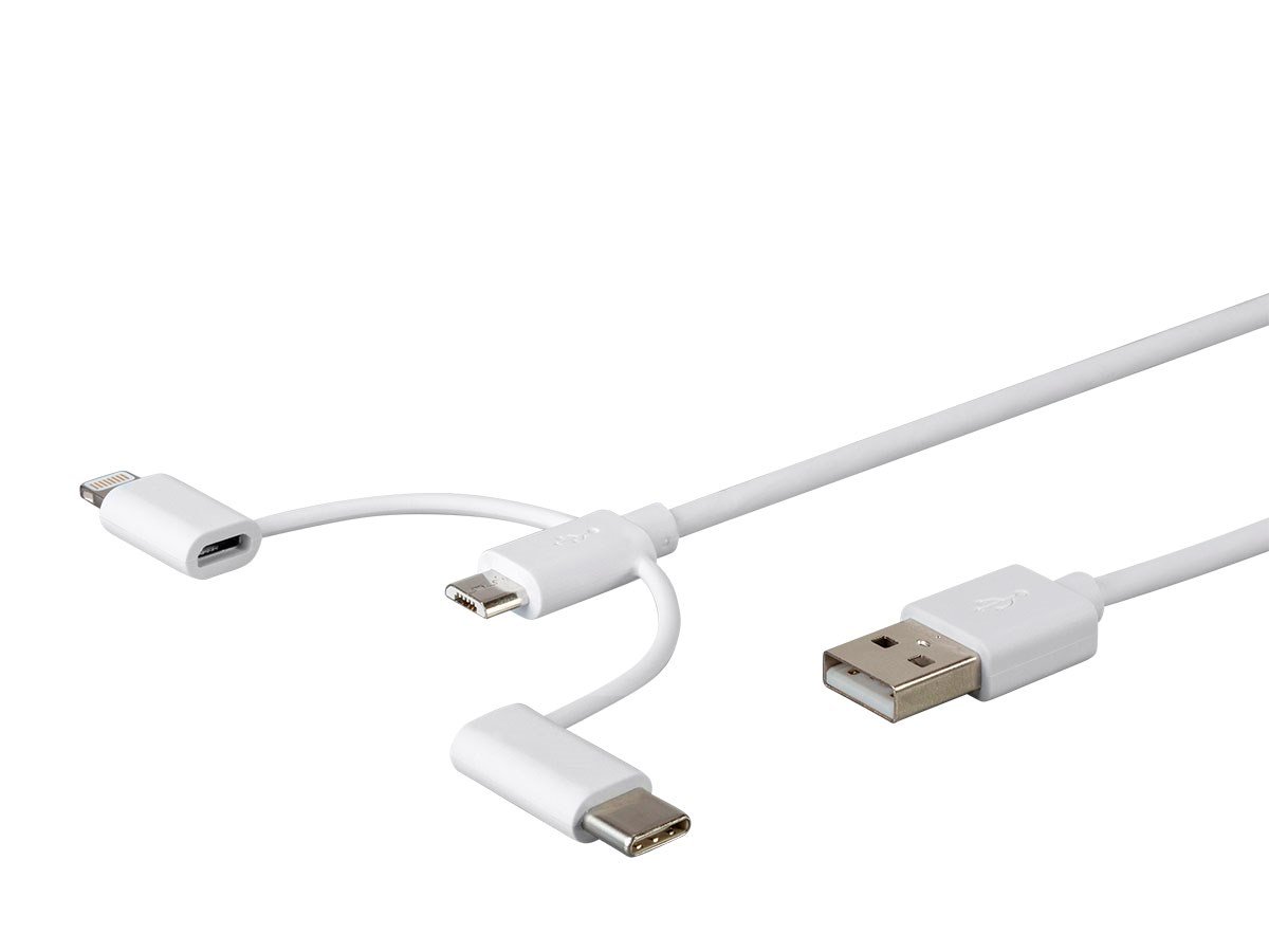 Monoprice Essential Apple MFi Certified 3-in-1 Multiport USB to USB Micro Type-B + USB Type-C + Lightning Charging Cable - 3ft, White - main image