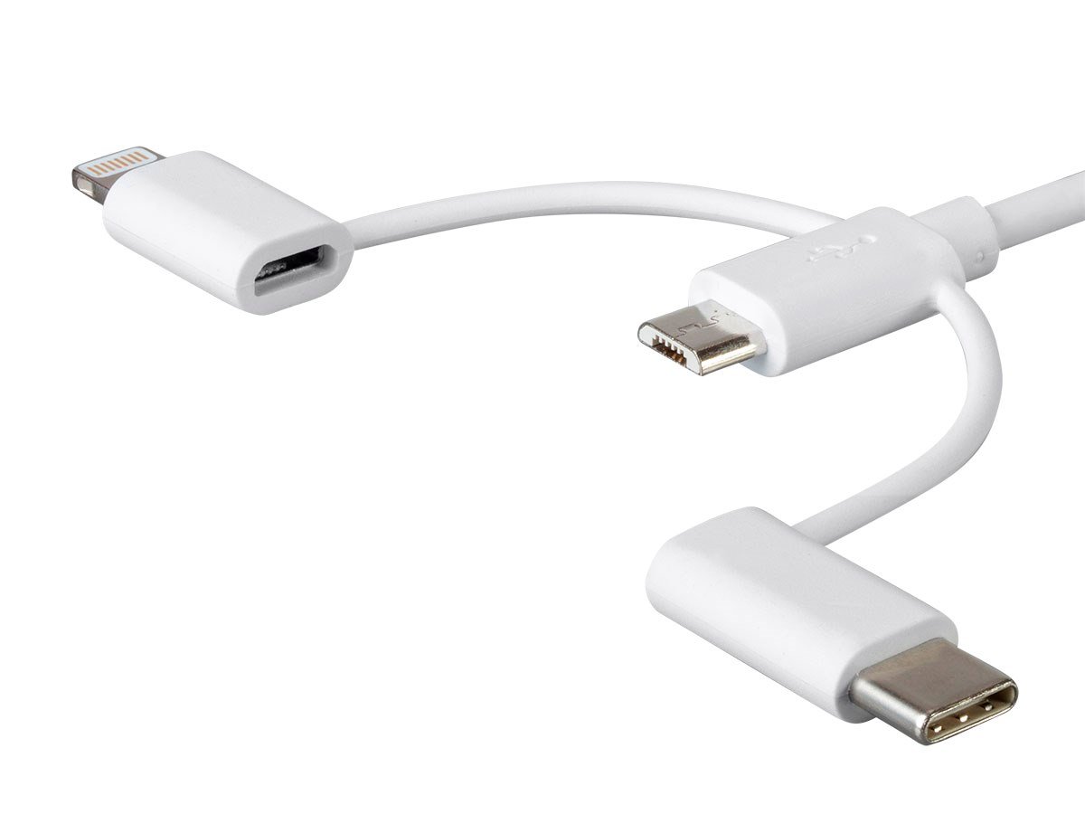 Monoprice Essential Apple MFi Certified 3-in-1 Multiport USB to USB Micro  USB-B + USB USB-C + Lightning Charging Cable - 3ft White 